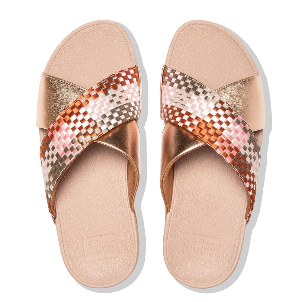 Fitflop Womens Slides Coral Pink - Lulu Silky-weave Cross - 32WGTIEJQ